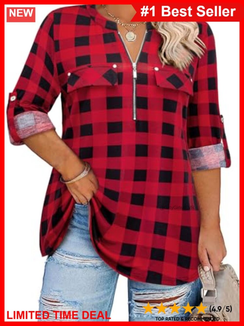 Womens Plus Size Tunic Blouse Zip V-Neck 3/4 Roll Sleeve Loose Fit Top